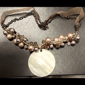Cookie Lee necklace with shell, faux pearls and taupe ribbon on a bronze chain